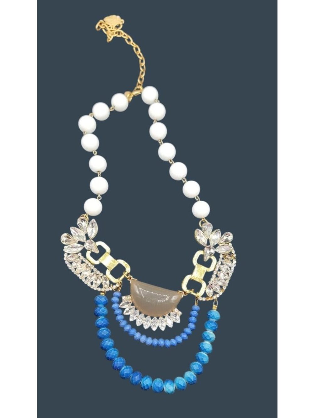 Vintage David Aubrey Diva Necklace Multi-Layer Bib White Blue Beads & Rhinestone